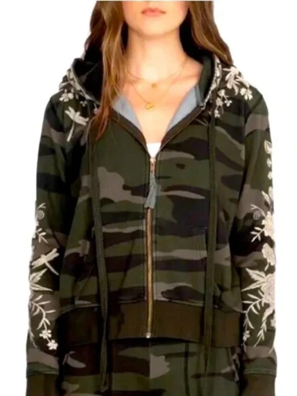 Johnny Was Embroidered Camo Hoodie S fit M? French Terry Zip Front, Pocket JWLA